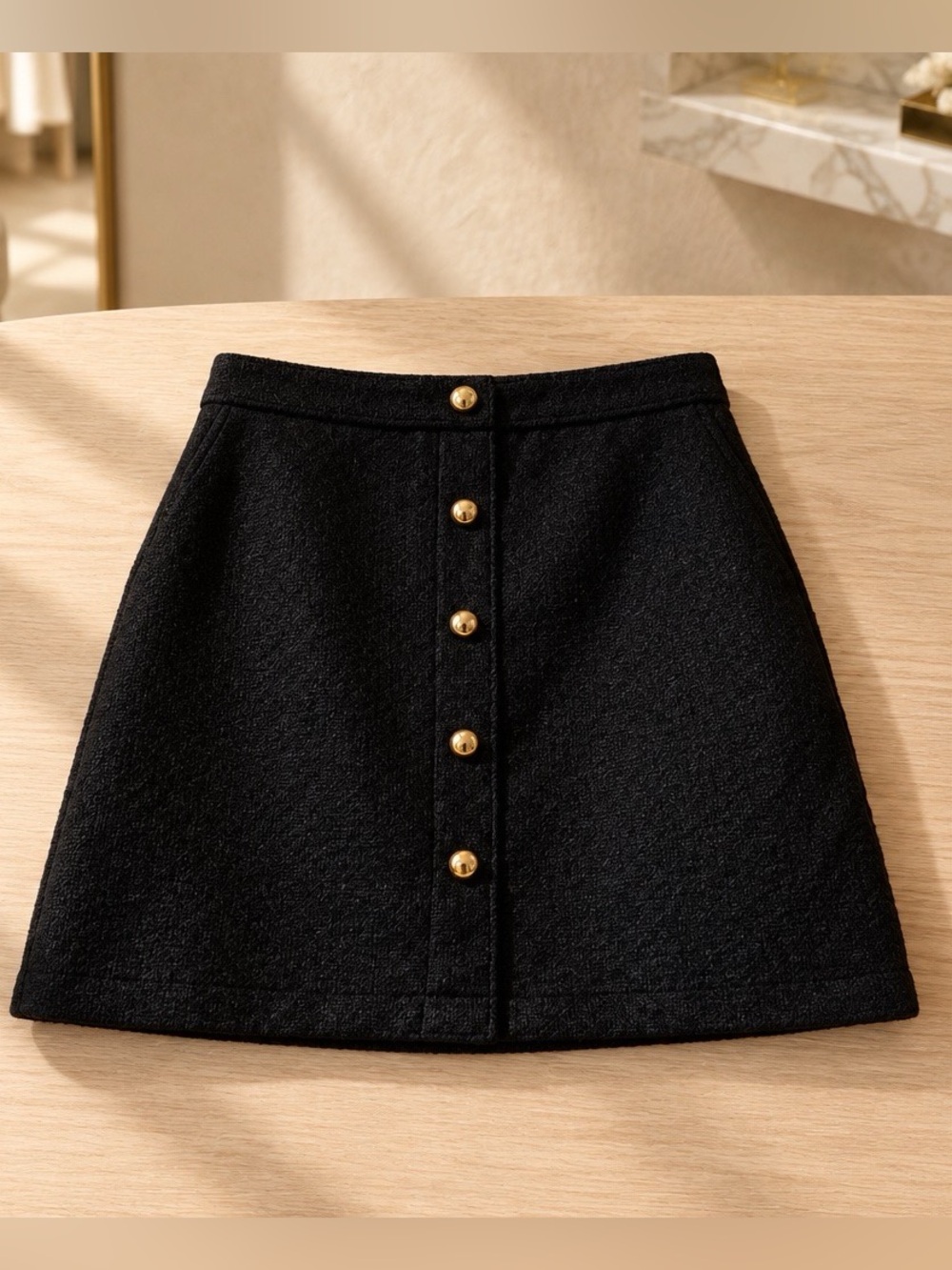 LOFT Black A-Line Skirt with Gold Button Trim